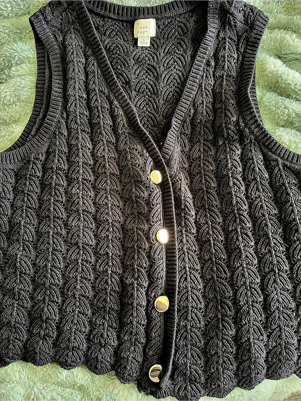 a new day Women's Crochet Button-Down Sweater Vest Black Large